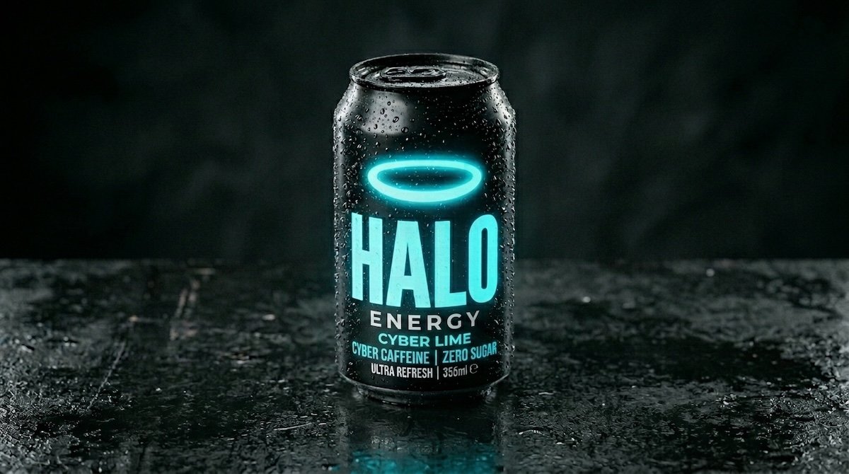 A single HALO drink can, studio-lit, duotone void and cyan.