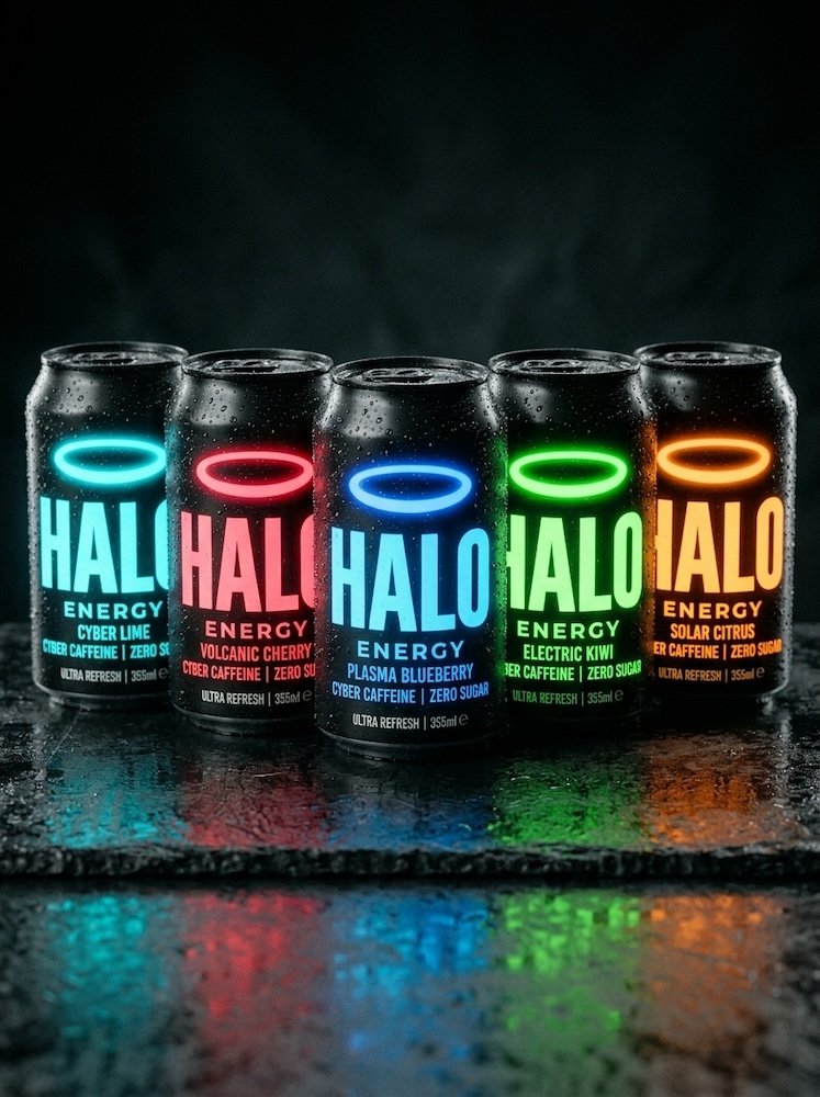 Five HALO cans in a row, one per flavor, duotone.