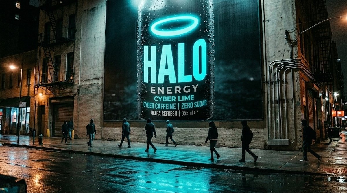 An urban billboard wall carrying the HALO ring, duotone.