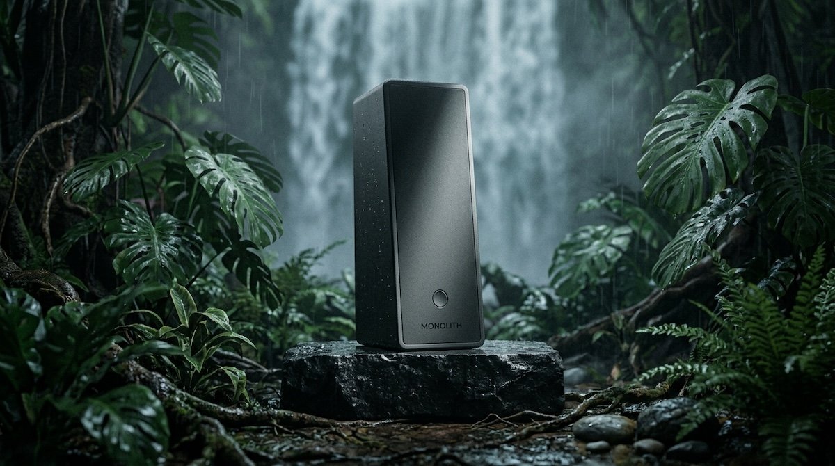 The MONOLITH speaker shot monument-scale on a dark set.
