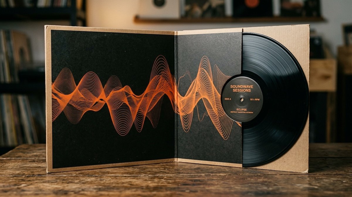 An open gatefold record sleeve in a studio, duotone void and tangerine.
