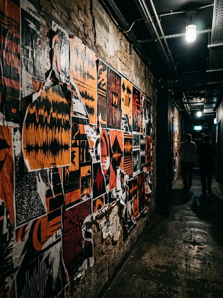 A wall of gig posters built from waveforms, duotone.