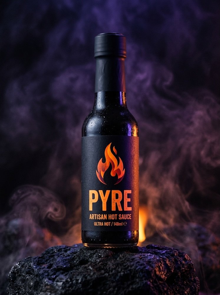 A PYRE hot-sauce bottle hero in dramatic light, duotone ultraviolet and tangerine.