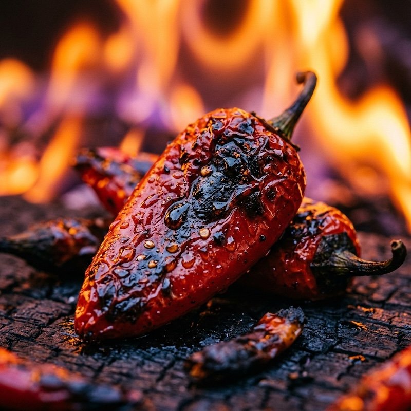 Chili peppers and flame macro, duotone.