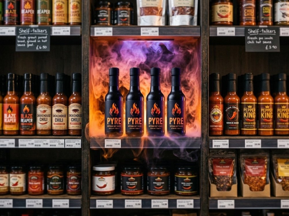 PYRE on a retail shelf among other bottles, duotone.