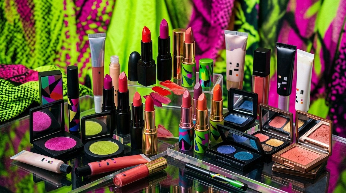 The RIOT color-cosmetics range arranged on a bold backdrop, duotone void and acid.