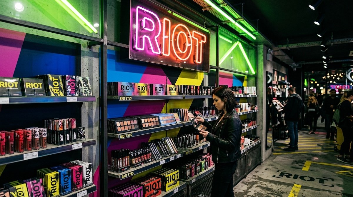 A bold RIOT retail wall on a shop floor, duotone void and acid.