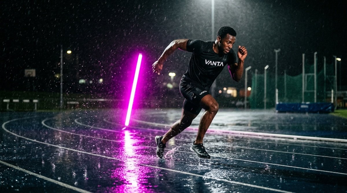 VANTA launch film still: an athlete in mid-stride, cinematic, duotone void and magenta.